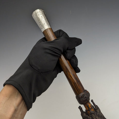 1932 British Vintage Men's Umbrella, Woven Pattern, Sterling Silver, Round Handle, 87cm